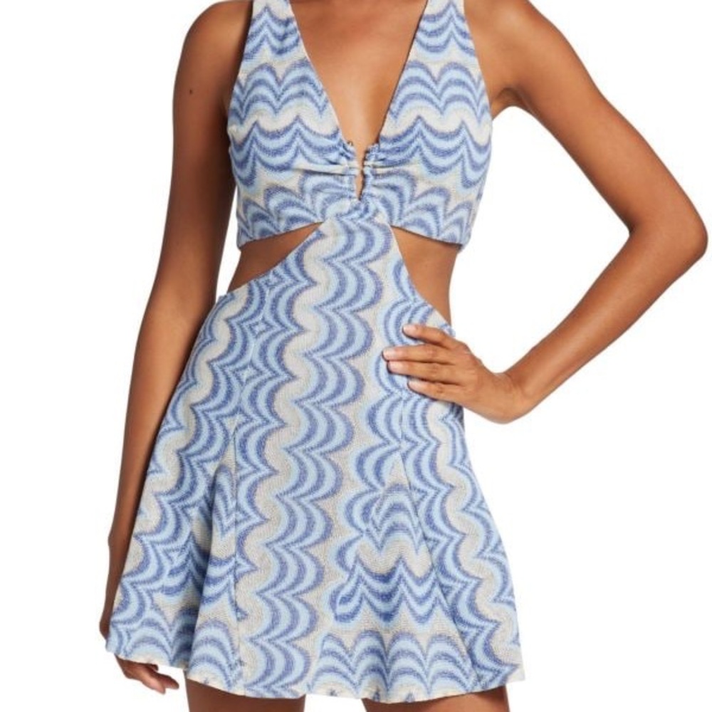 NWT Blue and white mini dress with a flattering cut out detail from Ramy Brook